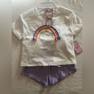 Between White Tee with Colorful Rainbow Embroidery /purple short set Girl 6